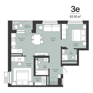 3-к квартира, строящийся дом, 63м2, 7/16 этаж