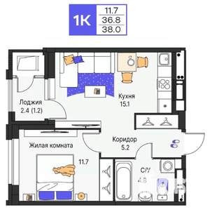 1-к квартира, строящийся дом, 38м2, 12/25 этаж