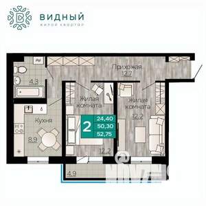 2-к квартира, вторичка, 53м2, 2/8 этаж