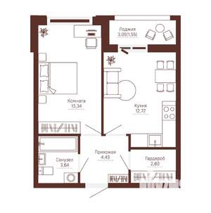 1-к квартира, вторичка, 38м2, 9/10 этаж