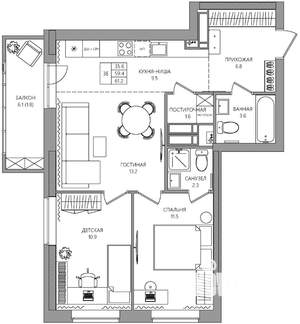 3-к квартира, вторичка, 61м2, 17/22 этаж