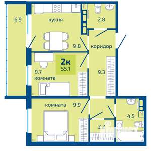 2-к квартира, строящийся дом, 55м2, 6/10 этаж