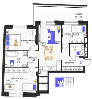 3-к квартира, строящийся дом, 80м2, 9/25 этаж