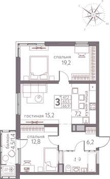 3-к квартира, строящийся дом, 67м2, 11/20 этаж