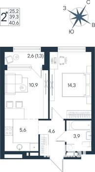 2-к квартира, строящийся дом, 41м2, 12/15 этаж