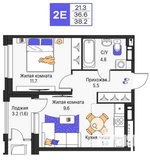 2-к квартира, строящийся дом, 38м2, 9/25 этаж