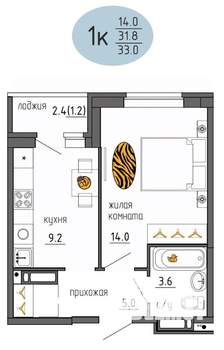 1-к квартира, строящийся дом, 33м2, 20/25 этаж