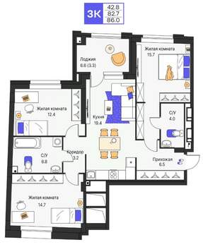 3-к квартира, вторичка, 86м2, 8/25 этаж