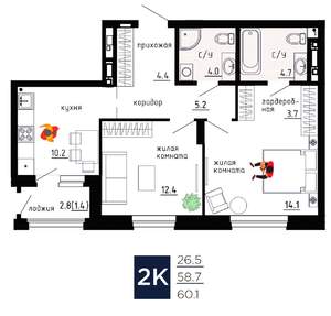 2-к квартира, вторичка, 60м2, 8/9 этаж