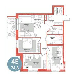 4-к квартира, вторичка, 74м2, 13/24 этаж