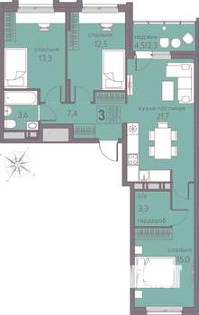 3-к квартира, строящийся дом, 79м2, 11/22 этаж