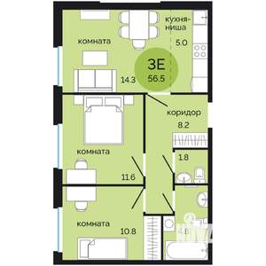 3-к квартира, вторичка, 57м2, 17/17 этаж