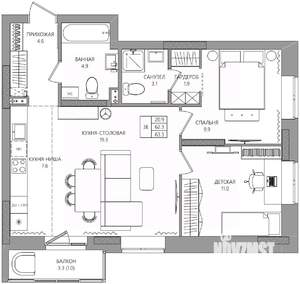 3-к квартира, вторичка, 63м2, 2/8 этаж
