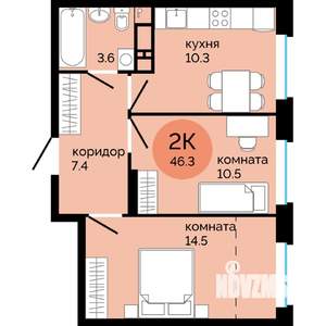 2-к квартира, строящийся дом, 46м2, 6/25 этаж