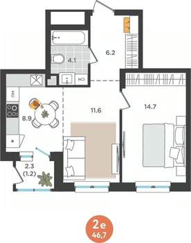 2-к квартира, вторичка, 47м2, 2/25 этаж