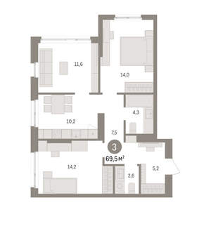 3-к квартира, вторичка, 69м2, 2/16 этаж