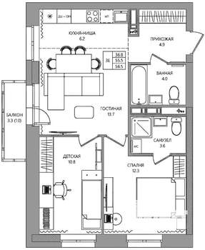 3-к квартира, вторичка, 57м2, 9/10 этаж