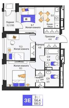 3-к квартира, вторичка, 58м2, 12/25 этаж