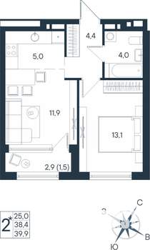 2-к квартира, строящийся дом, 40м2, 8/15 этаж