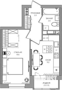 1-к квартира, вторичка, 37м2, 11/22 этаж