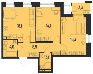 2-к квартира, вторичка, 66м2, 1/12 этаж