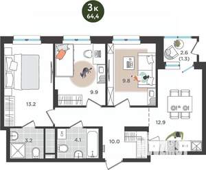 3-к квартира, строящийся дом, 64м2, 17/25 этаж