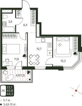 2-к квартира, строящийся дом, 44м2, 3/20 этаж