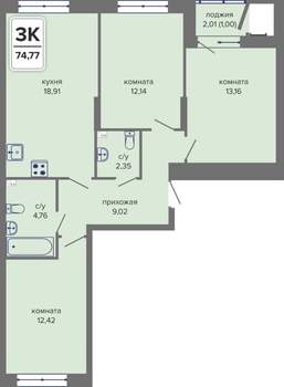 3-к квартира, вторичка, 75м2, 1/14 этаж