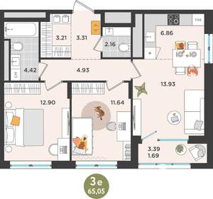 3-к квартира, вторичка, 65м2, 4/10 этаж