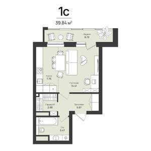 1-к квартира, строящийся дом, 40м2, 7/16 этаж