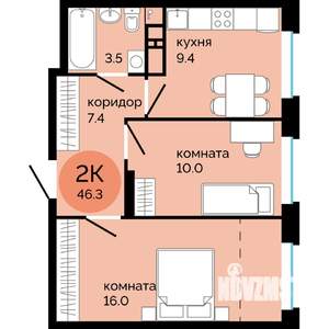 2-к квартира, строящийся дом, 46м2, 22/25 этаж