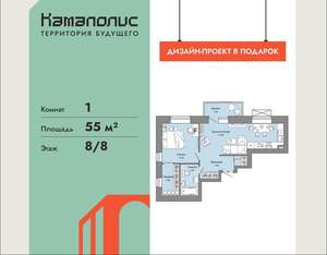1-к квартира, вторичка, 55м2, 8/8 этаж