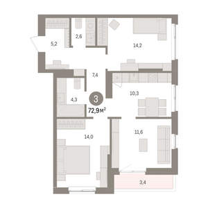 3-к квартира, вторичка, 73м2, 14/16 этаж