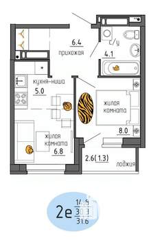 2-к квартира, строящийся дом, 32м2, 22/25 этаж