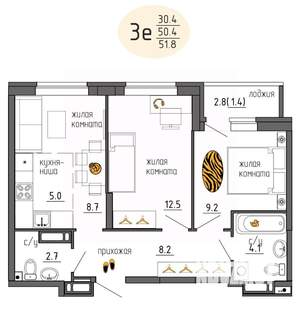 3-к квартира, строящийся дом, 52м2, 20/25 этаж