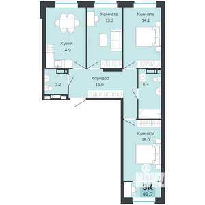 3-к квартира, вторичка, 84м2, 4/18 этаж