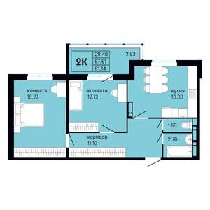 2-к квартира, вторичка, 61м2, 2/16 этаж