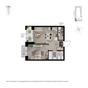 1-к квартира, строящийся дом, 42м2, 3/6 этаж