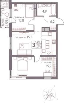 3-к квартира, строящийся дом, 67м2, 12/20 этаж