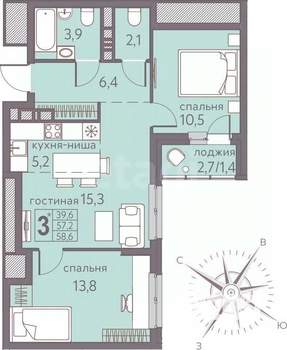 3-к квартира, вторичка, 57м2, 14/22 этаж
