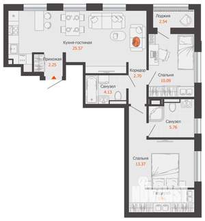 2-к квартира, вторичка, 71м2, 9/16 этаж