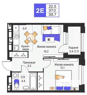 2-к квартира, строящийся дом, 39м2, 6/16 этаж