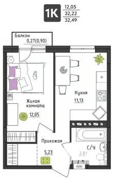 1-к квартира, вторичка, 32м2, 2/4 этаж