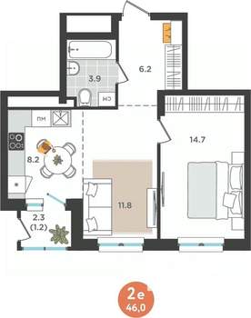 2-к квартира, вторичка, 46м2, 14/25 этаж