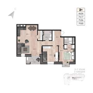 3-к квартира, строящийся дом, 80м2, 7/8 этаж