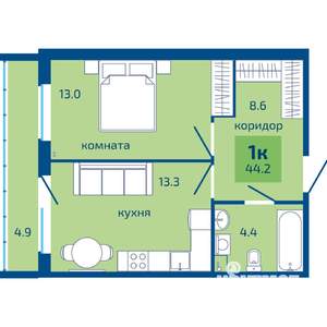 1-к квартира, строящийся дом, 44м2, 1/10 этаж