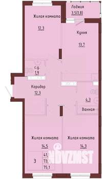 3-к квартира, строящийся дом, 77м2, 3/9 этаж