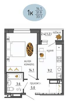 1-к квартира, строящийся дом, 33м2, 20/25 этаж