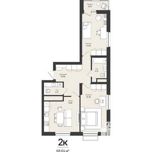 2-к квартира, строящийся дом, 69м2, 7/16 этаж