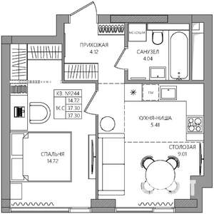 1-к квартира, строящийся дом, 37м2, 7/28 этаж